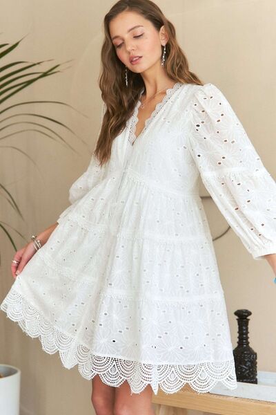 ADORA Lace Detail Tiered Eyelet V-Neck Babydoll Dress