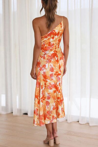 Ruched Printed Single Shoulder Midi Dress