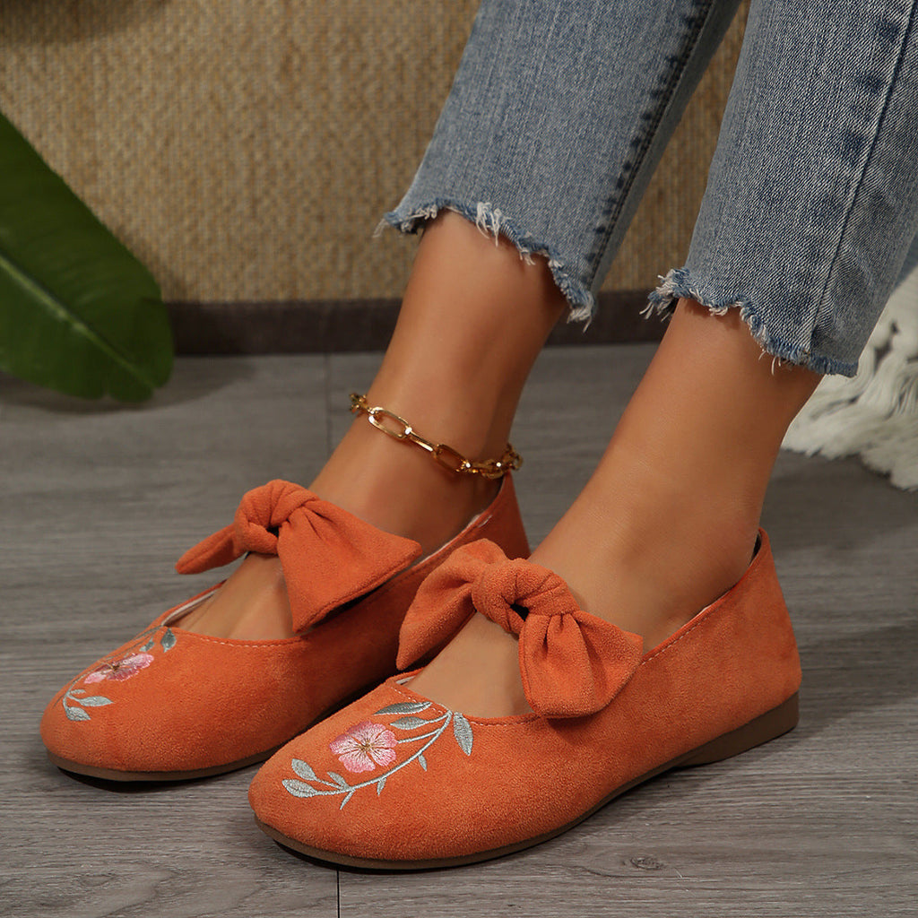 New Embroidered Bow Flat Mary Jane Shoes