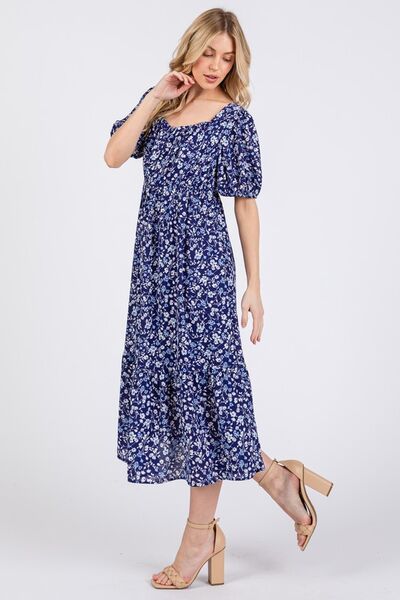 Ces Femme Floral Square Neck Puff Sleeve Midi Dress