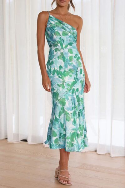 Ruched Printed Single Shoulder Midi Dress
