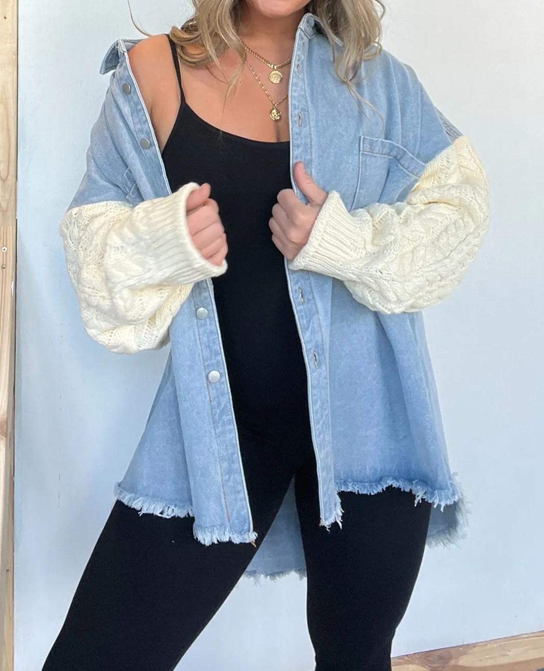 New Cozy Sweater Sleeve Denim Shacket (Buy 2 Free Shipping)
